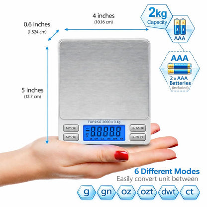 Smart Weigh Pro Digital Pocket Scale – 2000g x 0.1g Precision Gram Scale with LCD Display, 6 Weighing Units, Hold & Count Functions – Includes 2 Trays and Batteries (Silver)