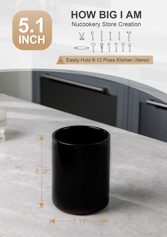Nucookery Utensil Holder, 6.4" Ceramic Kitchen Utensil Holder for Countertop with Protection Cork Bottom, Vintage Farmhouse Kitchen Decor for Counter, Gift (Sand)
