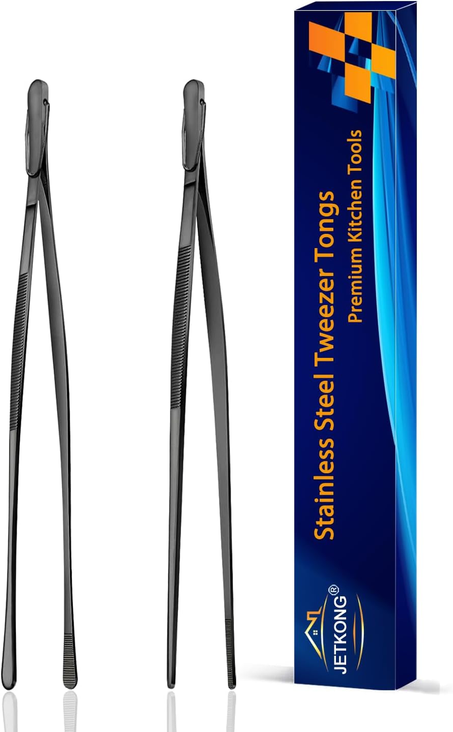 JETKONG 2 Pcs 12-Inch Kitchen Tweezers Fine Tweezer Tongs, Extra-Long Stainless Steel Cooking Tweezers (Silver)