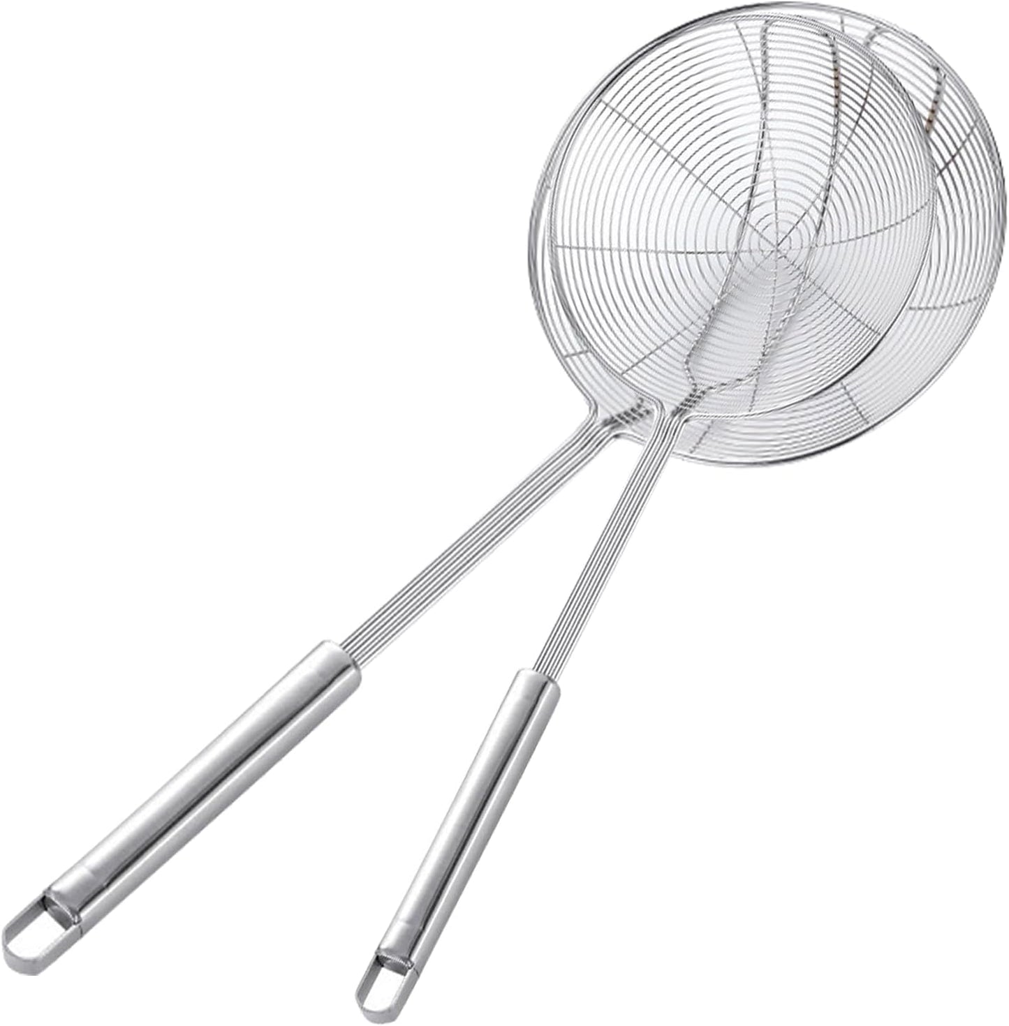 Stainless Steel Spider Skimmer, Set of 2 Professional Kitchen Pasta Strainer Spoon with Long Handle (L17 x D7.5 and L15.7 x D6)