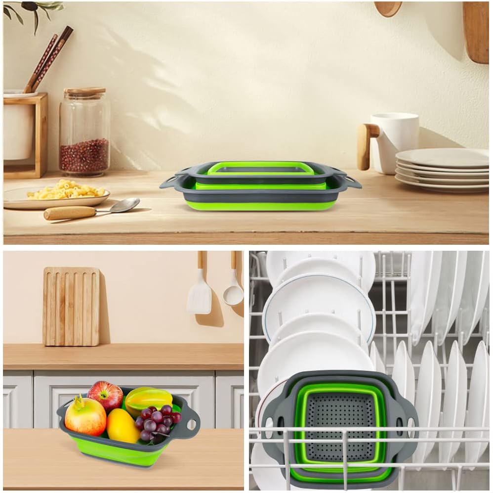 AUAUY 2 PCS Collapsible Colander Set, Square Silicone Folding Colander with Plastic Handles, Eco-Friendly Large Hole Kitchen Strainer for Draining Pasta Vegetables Fruits-1 Large and 1 Small