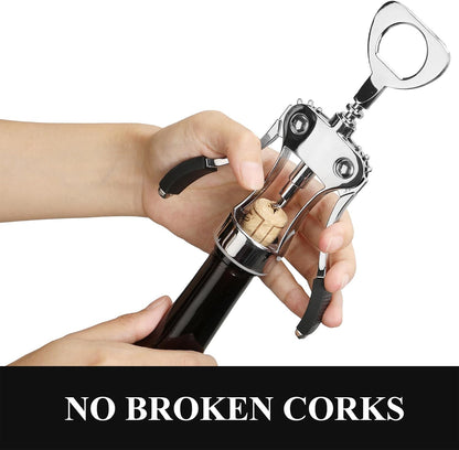 KORCCI Wine Opener, Heavy-Duty Zinc Alloy Wing Corkscrew, Premium Beer Bottle Opener, Multifunctional Wine Accessories with Ergonomic Handle and Sharp Screw, for Kitchen, Bar, Restaurant (SILVER)
