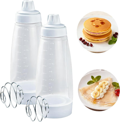 Pancake Batter Dispenser with Blender Balls,2 Pack Batter Mixer and Dispenser with Whisk Ball,Kitchen Pancake Shaker Batter Dispenser Bottle Baking Tool for Cupcakes, Muffins, Crepes, White