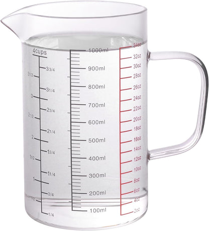 Glass Measuring Cup 4 Cup / 1000ML - Clear Glass Measuring Cup with Handle & V-Shaped Spout, Triple Scale (ML/OZ/Cup), Liquid Measuring Cup for Cooking & Baking