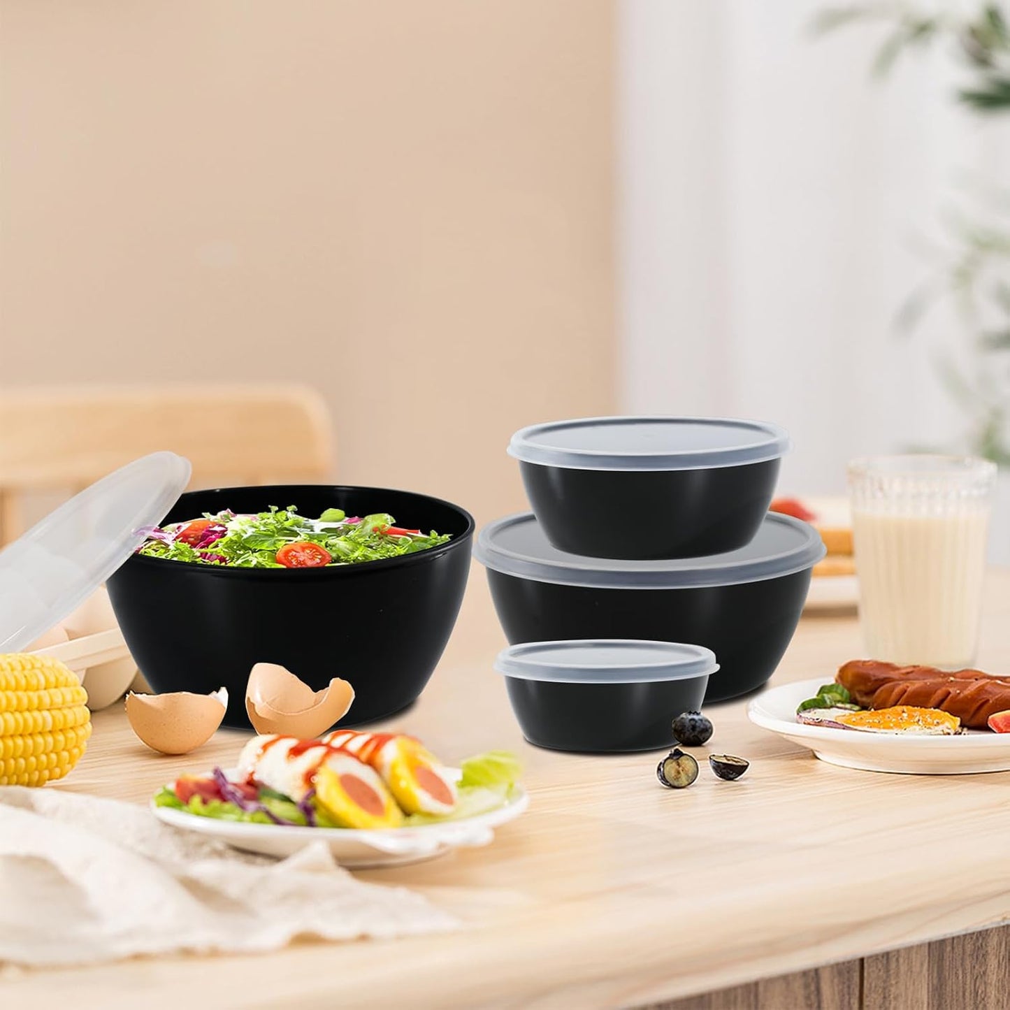 4-Piece Classic Plastic Prep Bowls with Lids, Nesting Plastic Small Mixing Bowl Set for Mixing, Baking, Prepping, Cooking and Serving Food, Microwave and Dishwasher Safe