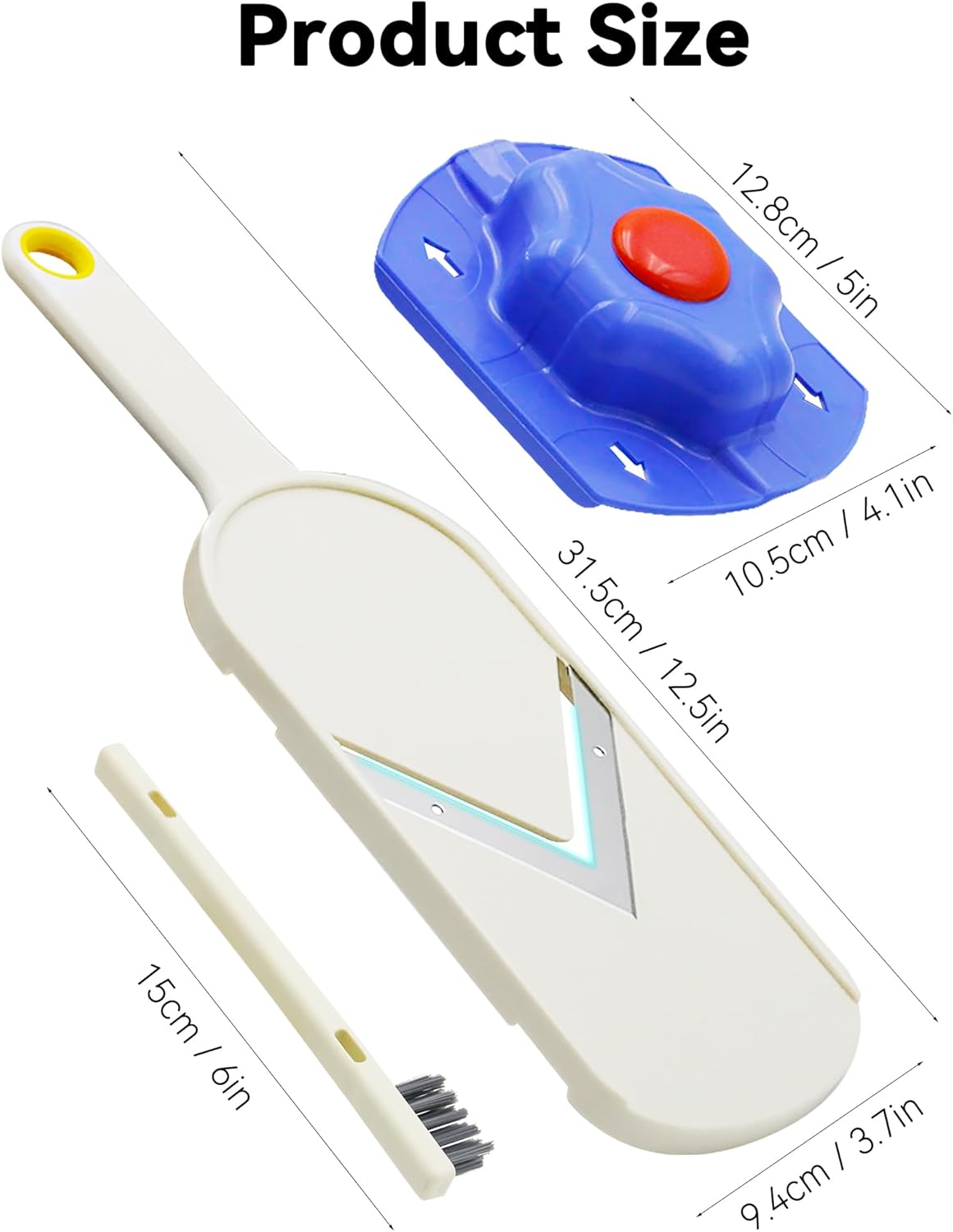 Handheld Mandoline Slicer for Kitchen - Stainless Steel V-Blades with Food Holder & Cleaning Brush, Comfort Grip, Easy to Clean, Vegetable Chopper Cheese Grater for Potato Chips Cucumber Onion Salad
