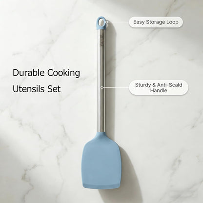 Vayvnt 4PCS Kitchen Utensils Set, Heat Resistant Silicone Utensils Set for Cooking, Non Scratch Spatula Spoons for Non Stick Pan, Large Kitchen Cooking Tools, Metal Long Handle&Dishwasher Safe, Blue