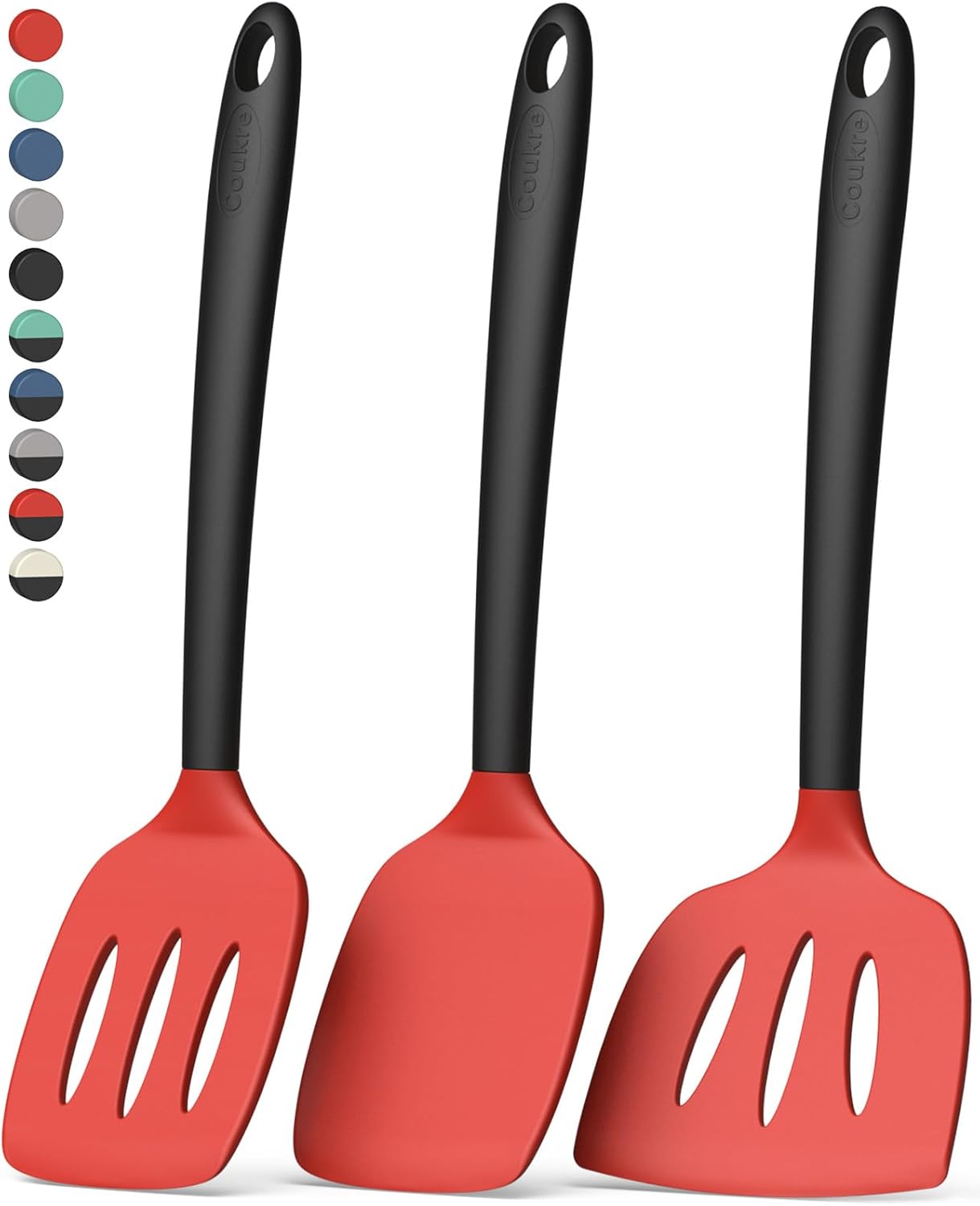 Coukre 3 Pack Silicone Spatula Set, High Heat Resistant, BPA-Free, Fish Spatula, Solid & Slotted Turner for Non-Stick Pans, Flipping Eggs, Pancakes, Fish, Burgers (3, PureBlack)