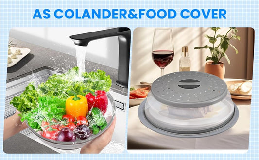 Microwave Splatter Cover Collapsible Microwave Cover for Food, Easy Grip Fruit Drainer BPA-Free Dishwasher Safe 10.5 inch,Grey