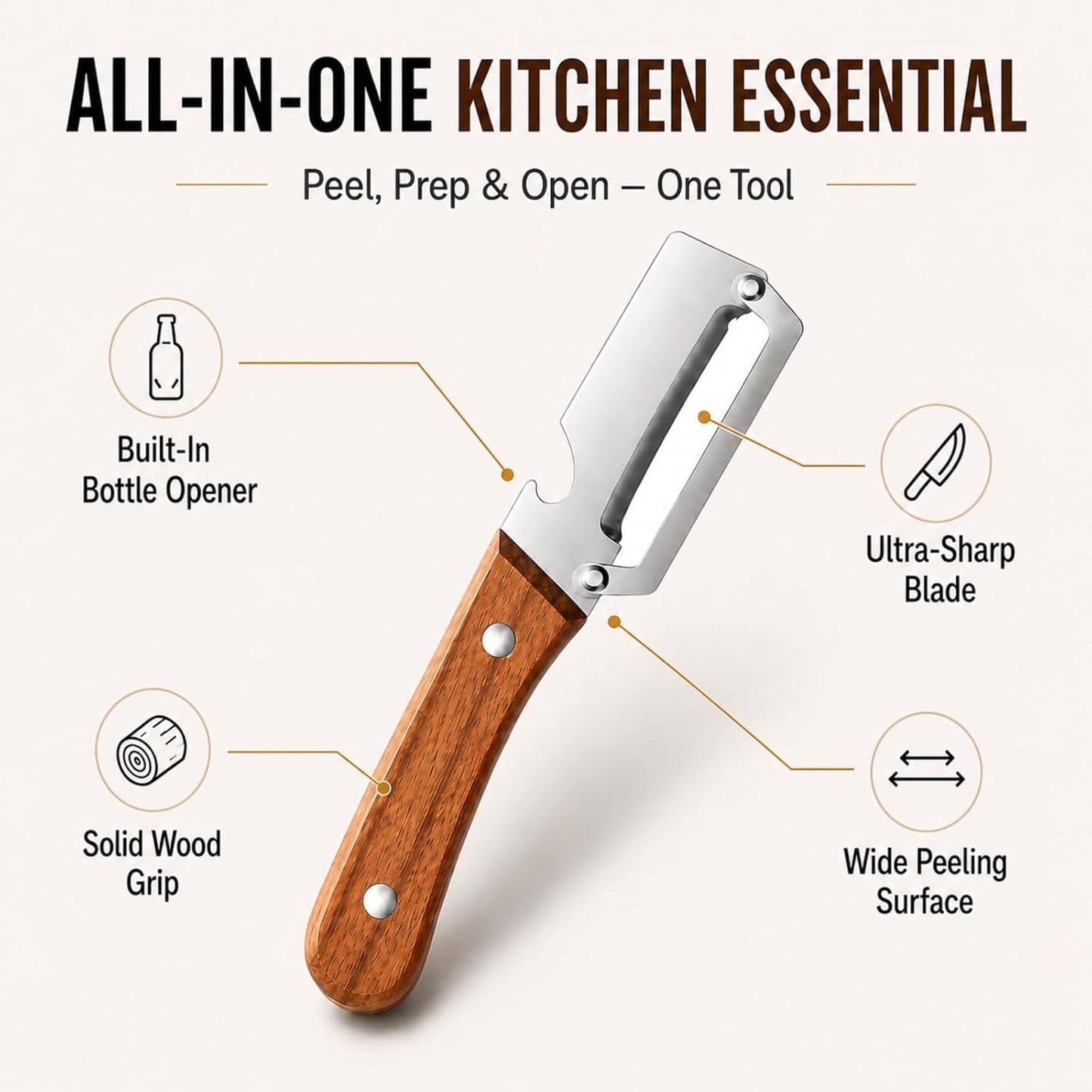 Multifunctional Vegetable Peeler with Wooden Handle, 2-in-1 Stainless Steel Peeler with Built-in Bottle Opener, Ergonomic Peelers for Kitchen, Sharp Vegetable Peeler for Potato, Carrot & Fruit(2)