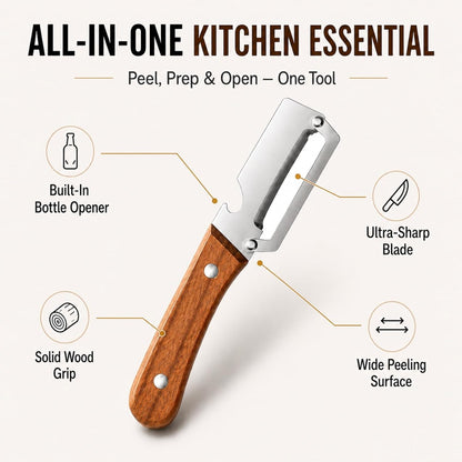 Multifunctional Vegetable Peeler with Wooden Handle, 2-in-1 Stainless Steel Peeler with Built-in Bottle Opener, Ergonomic Peelers for Kitchen, Sharp Vegetable Peeler for Potato, Carrot & Fruit(2)