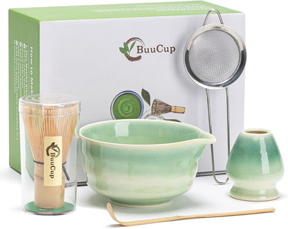 Buucup Matcha Set, Matcha Bowl with Spout, Matcha Whisk and Holder, Bamboo matcha Scoop and Stainless Sifter - 5 Pcs Jade Green Matcha Set Kit for Matcha Lover