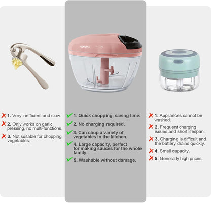 Garlic Chopper Mincer Manual Vegetable Chopper 500ml - with Pull String Garlic Press Crusher 5 Sec Chop Food Quickly, for Garlic, Ginger, Potato, Avocado, Onion, Salad, etc., Pink