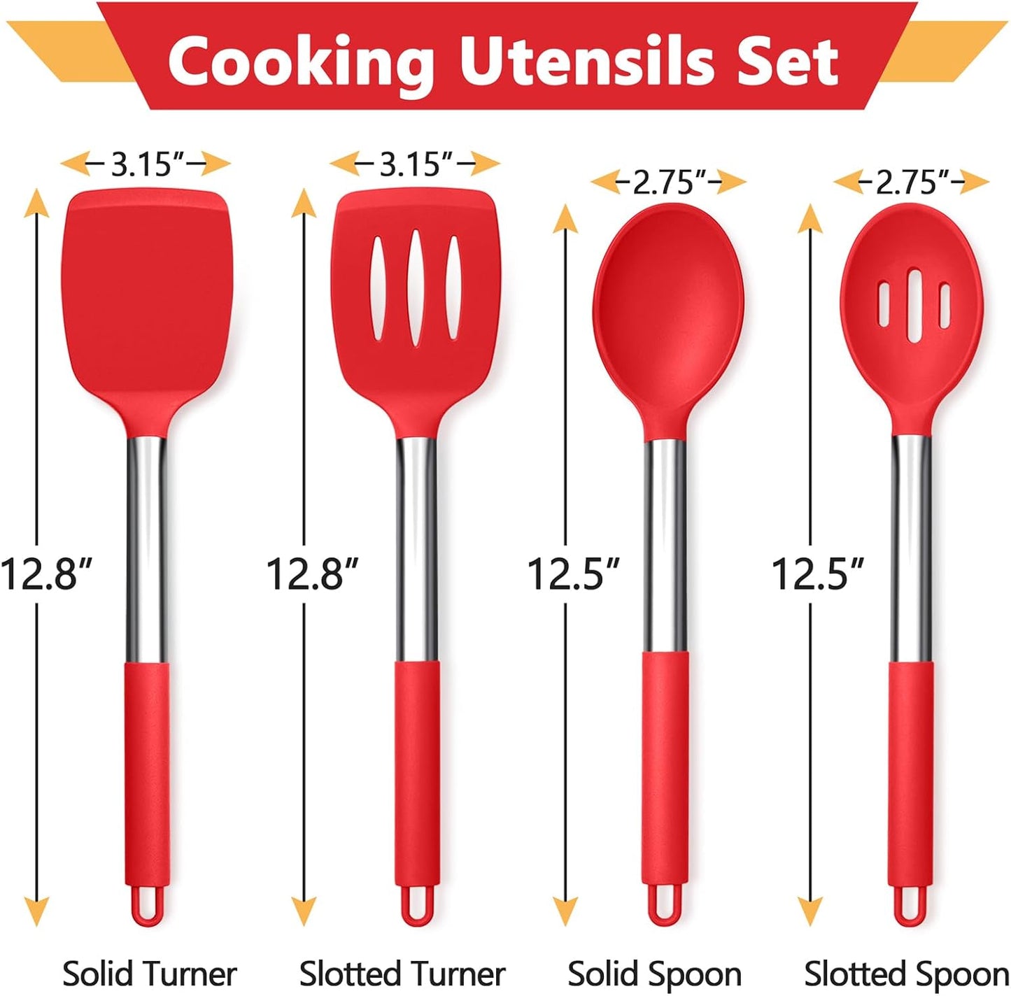 P&P CHEF Black Kitchen Cooking Utensil Set of 4, Silicone Solid Spatulas Slotted Spoons Turners for Non-stick Cookware Flipping Mixing, Heat-proof