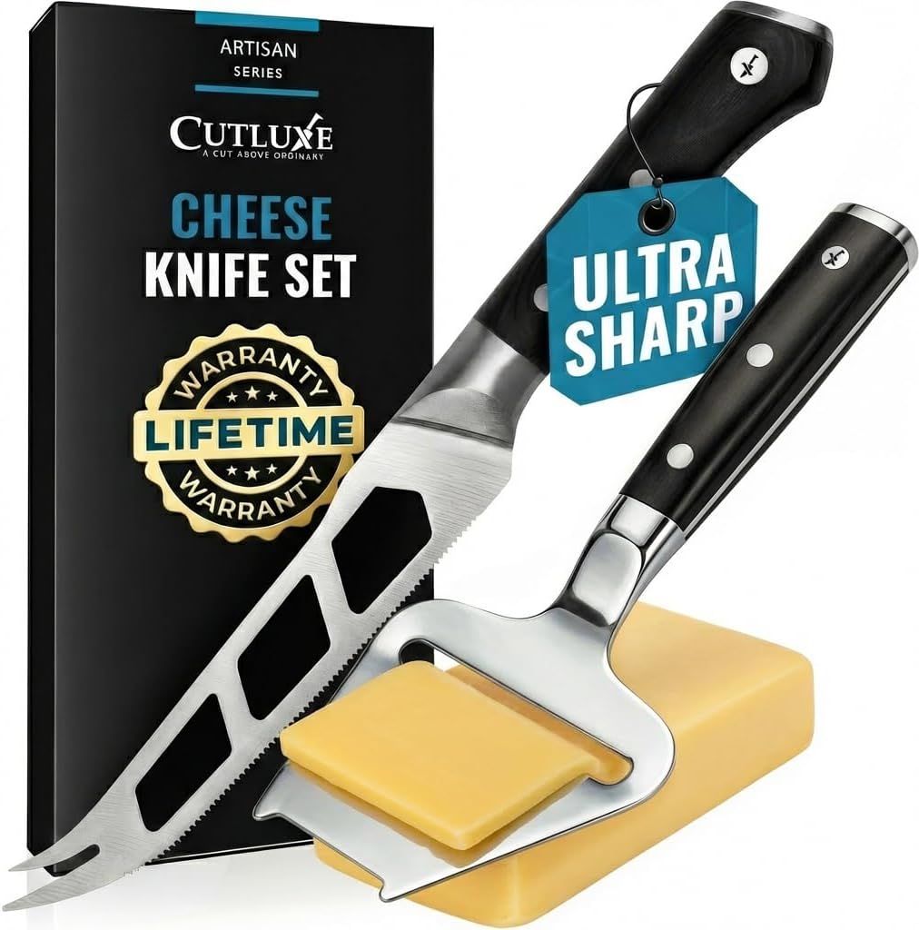 Cutluxe Cheese Knife – 5" Cheese Knife Slicer for Soft and Hard Cheese – Pronged, Serrated & Non Stick Blade – High Carbon German Steel, Full Tang & Ergonomic Handle Design – Artisan Series