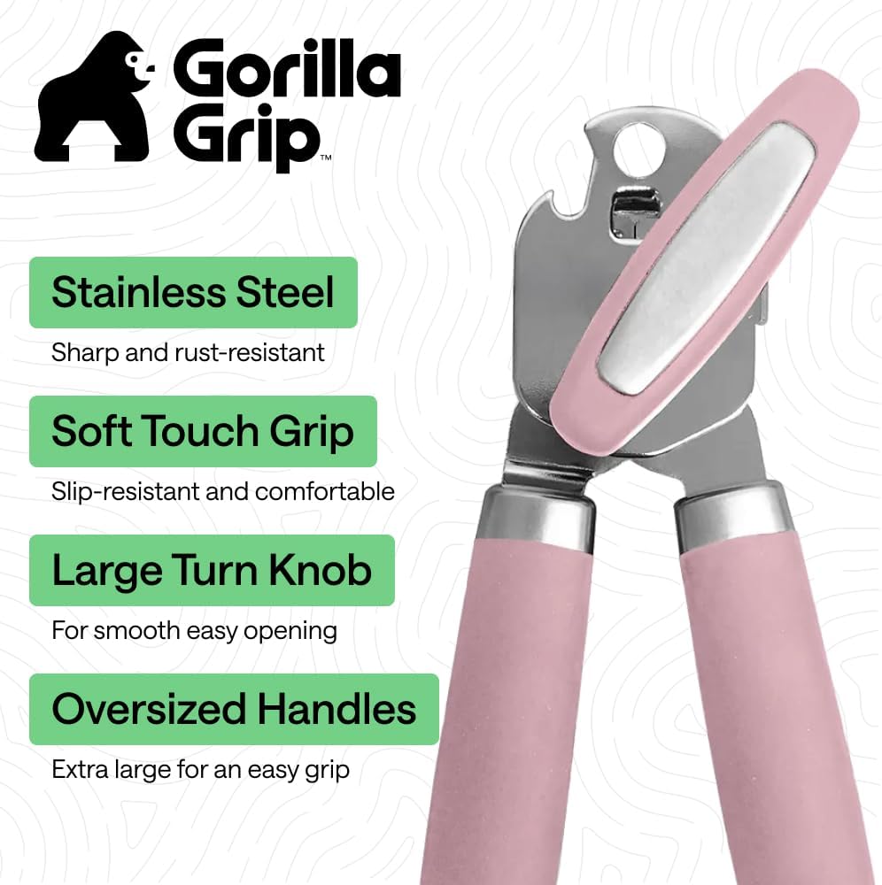 GORILLA GRIP Heavy Duty Stainless Steel Smooth Edge Manual Can Opener and Bottle Openers, US Designed, Soft Comfortable Handle, Oversized Handheld Turn Knob, Multifunctional Kitchen Tool, Black