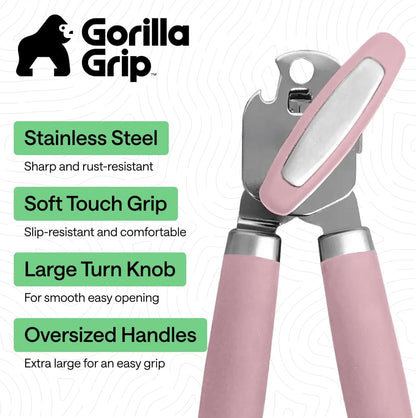 GORILLA GRIP Heavy Duty Stainless Steel Smooth Edge Manual Can Opener and Bottle Openers, US Designed, Soft Comfortable Handle, Oversized Handheld Turn Knob, Multifunctional Kitchen Tool, Black