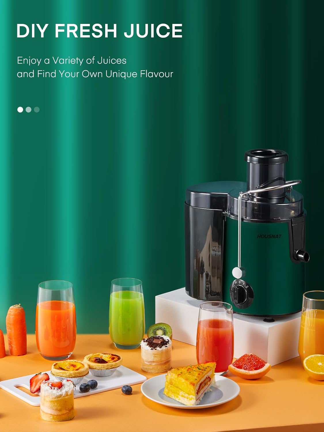 Juicer Machines, HOUSNAT Juicer Whole Fruit and Vegetables with 3-Speed Setting, 400 W Motor Quick Juicing Ideal for Beginners & Light Daily Use, Cleaning Brush and Juicing Recipe Included
