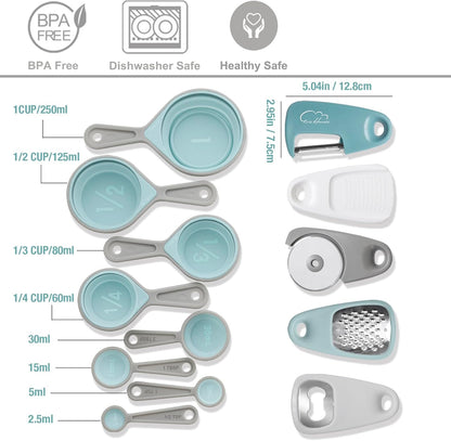 Kitchen Gadgets Set 13 Piece, Space Saving Cooking Tools Includes Cheese Grater, Pizza Cutter, Peeler, Bottle Opener, Garlic Grinder, Collapsible Measuring Cups Spoons for Small Kitchen RV Camp