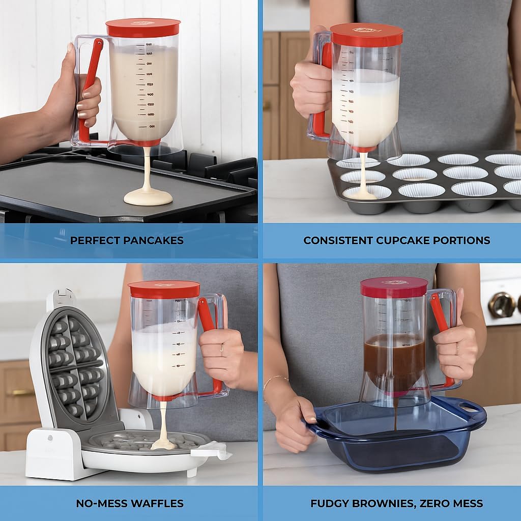 Pancake Batter Dispenser - Kitchen Must Have Tool for Perfect Pancakes, Cupcake, Waffle, Muffin Mix, Cake & Crepe - Easy Pour Baking Supply for Griddle - Pancake Maker with Measuring Label (Turquoise)