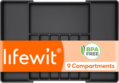 Lifewit Silverware Drawer Organizer, Expandable Utensil Tray for Kitchen, BPA Free Flatware and Cutlery Holder, Adjustable Plastic Storage for Spoons Forks Knives, 11-18 x 14", Black