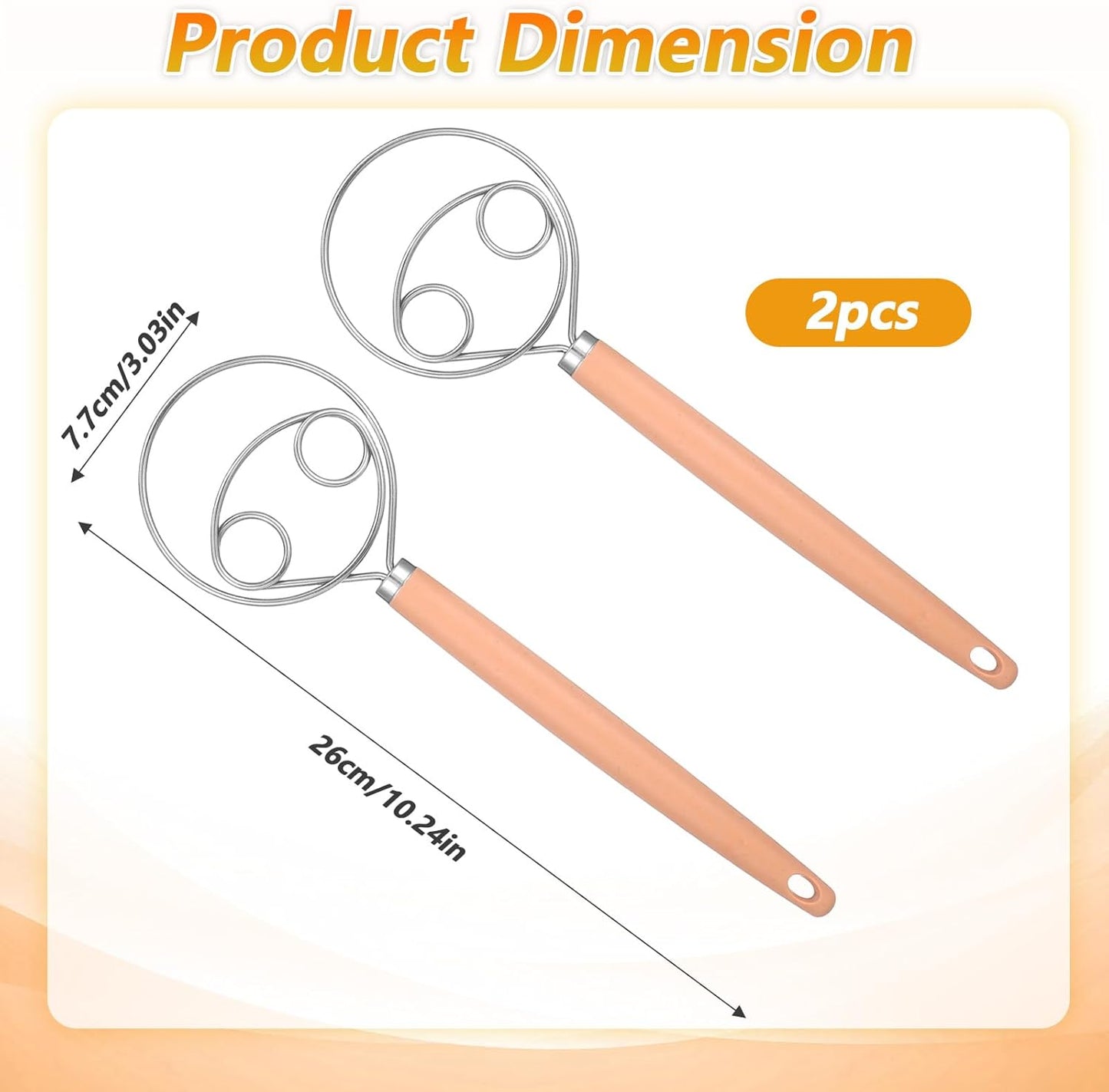 TIESOME Danish Dough Whisk, 2 Pcs 10-Inch Stainless Steel Dough Hook with PP Handle, Sturdy Dutch Bread Mixer for Sourdough, Pizza & Pastry, Baking Tools (Natural Wood Color)