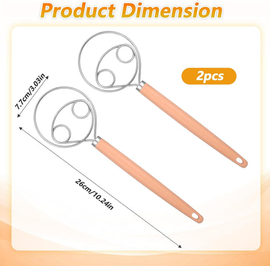 TIESOME Danish Dough Whisk, 2 Pcs 10-Inch Stainless Steel Dough Hook with PP Handle, Sturdy Dutch Bread Mixer for Sourdough, Pizza & Pastry, Baking Tools (Natural Wood Color)