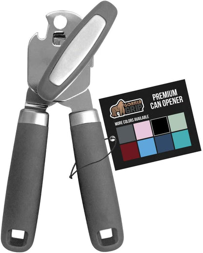 Gorilla Grip Manual Handheld Strong Can Opener, Sharp Cutting Wheel for Smooth Edge Cut, Oversized Easy to Use Turn Knob, Comfortable Soft Handle, Includes Built in Bottle Opener, Salt Gray