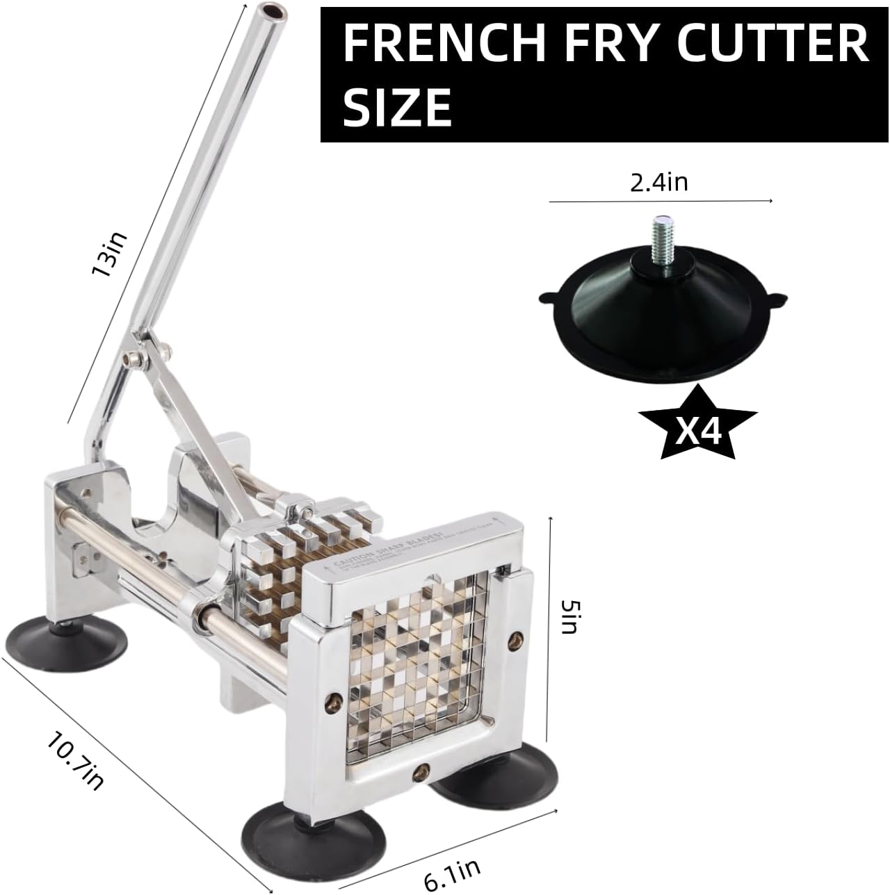 French Fry Cutter,Potato Slicer,Stainless Steel Cutter Potato,1/2-inch, 3/8-inch Blades,Removable Handle and 4 Suction Feet For Potatoes, Carrots, Cucumbers, Onions