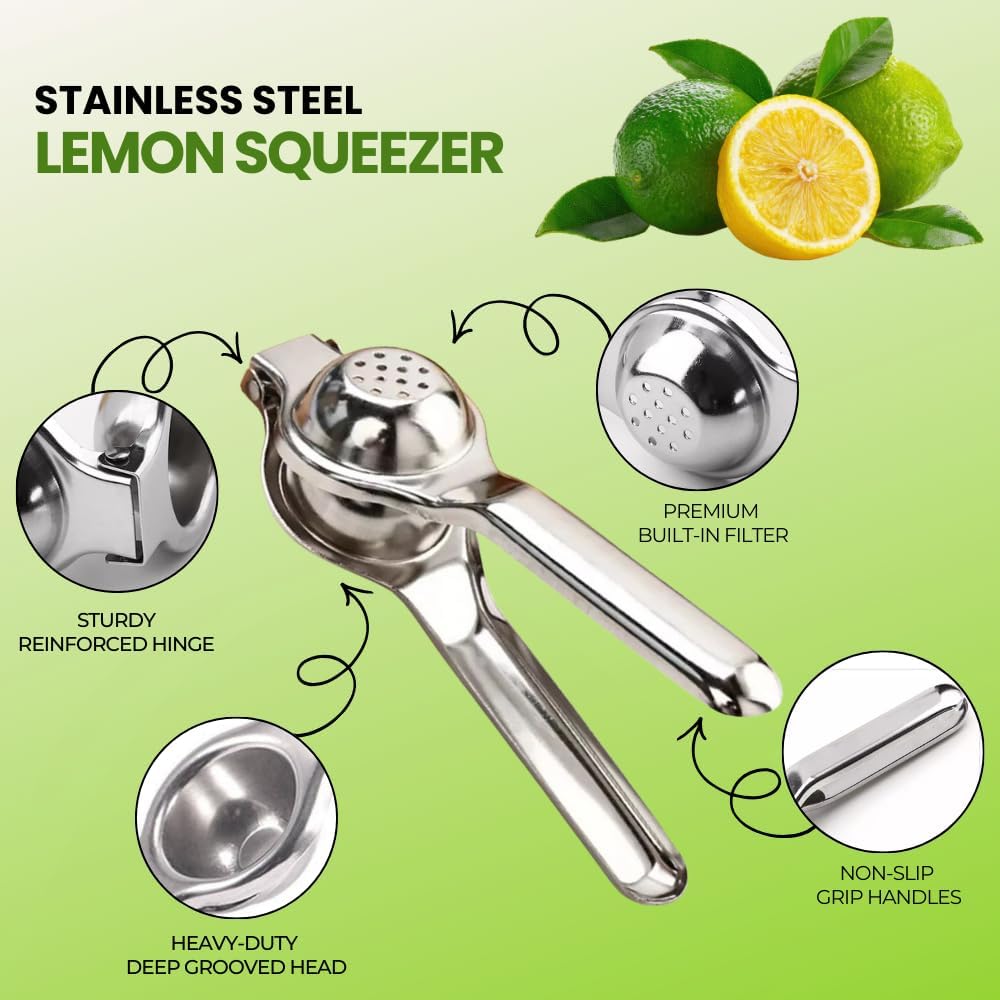 Lemon Squeezer Stainless Steel – Heavy Duty Manual Citrus Juicer Hand Press for Lemon Lime Orange – Ergonomic Non-Slip Handle, Rust-Resistant, Dishwasher Safe Kitchen Tool