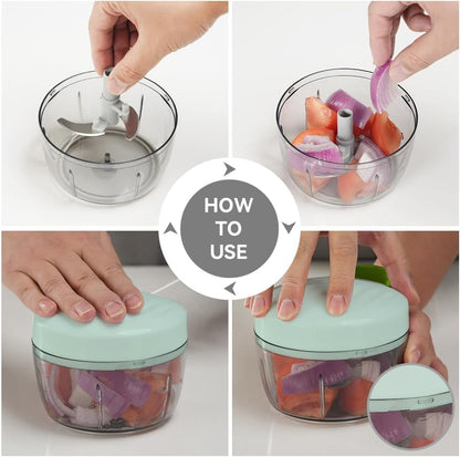 Manual Food Processor Vegetable Chopper 2.3 Cup Small Mini Hand Pull String Onion Chopper Garlic Mincer Cutter with 3 Stainless Steel Blades (Grey, 550 ml)