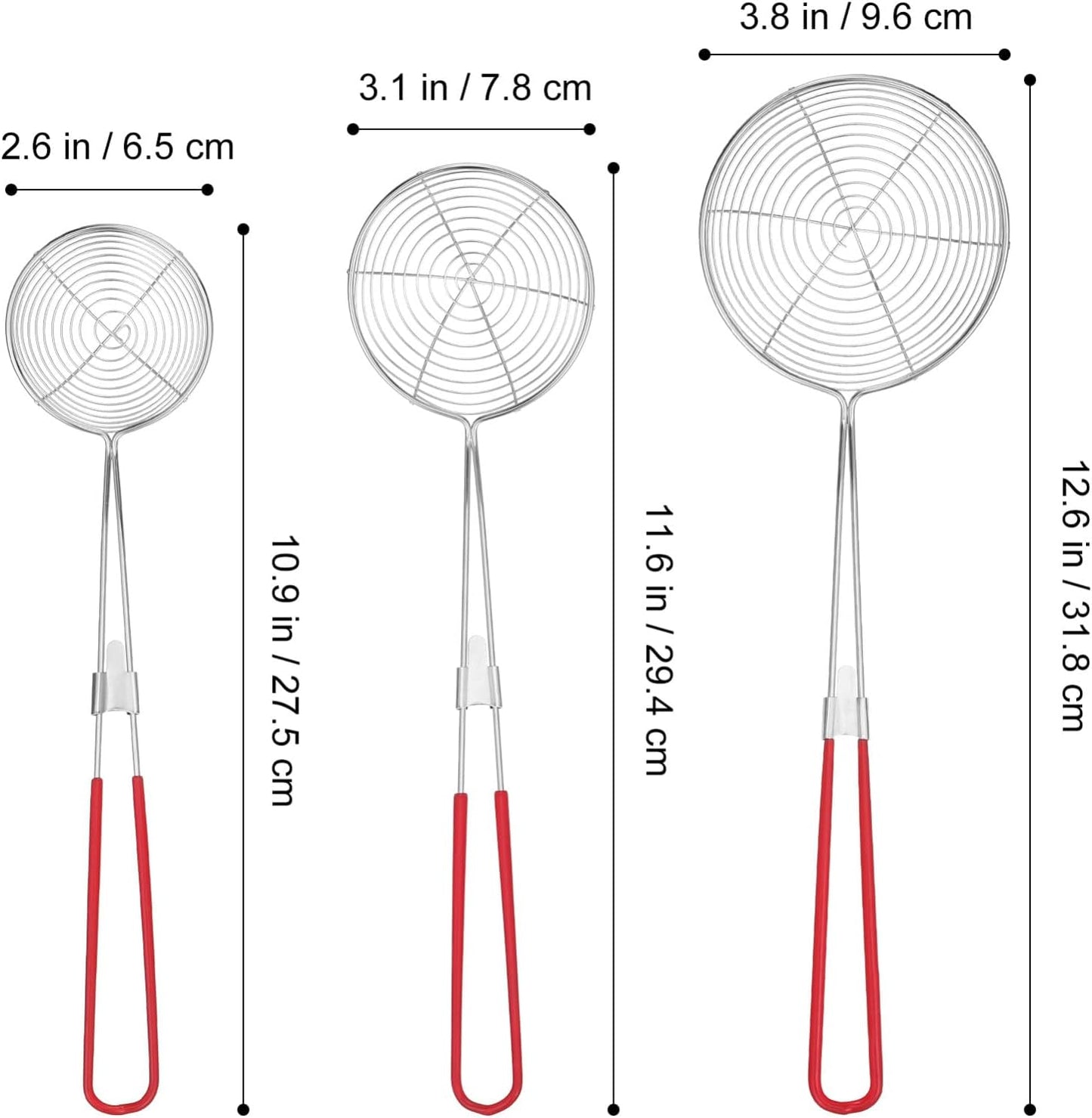 Kichvoe Stainless Steel Wire Strainer Set of 3, Non-Slip Skimmer Ladle with Handle for Cooking, Metal Pasta Spoon for Fries & Seafood Party