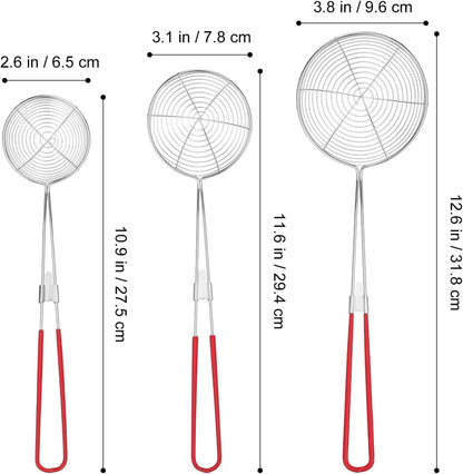 Kichvoe Stainless Steel Wire Strainer Set of 3, Non-Slip Skimmer Ladle with Handle for Cooking, Metal Pasta Spoon for Fries & Seafood Party