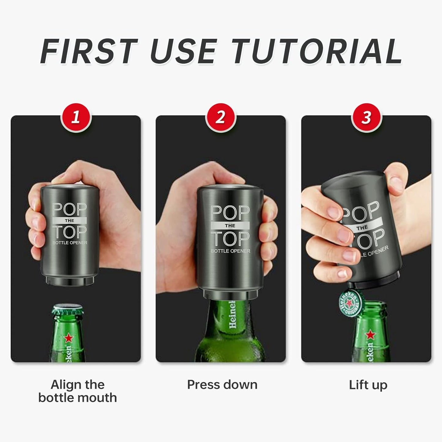 2PCS Beer Bottle Opener with Magnetic Cap, Automatic Stainless Steel One-Handed Bottle Cap Opener, Spring Loaded Push&Pop for Kitchen Home Bar Restaurant Household Utensils Destapador de Cerveza