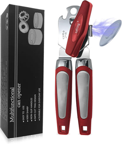 Safring Can Opener Manual with Magnet, Stainless Steel Handheld Heavy Duty Can Opener, Sharp Blade Smooth Edge, Comfortable Handle, Can Openers with Multifunctional Bottle Opener, Red