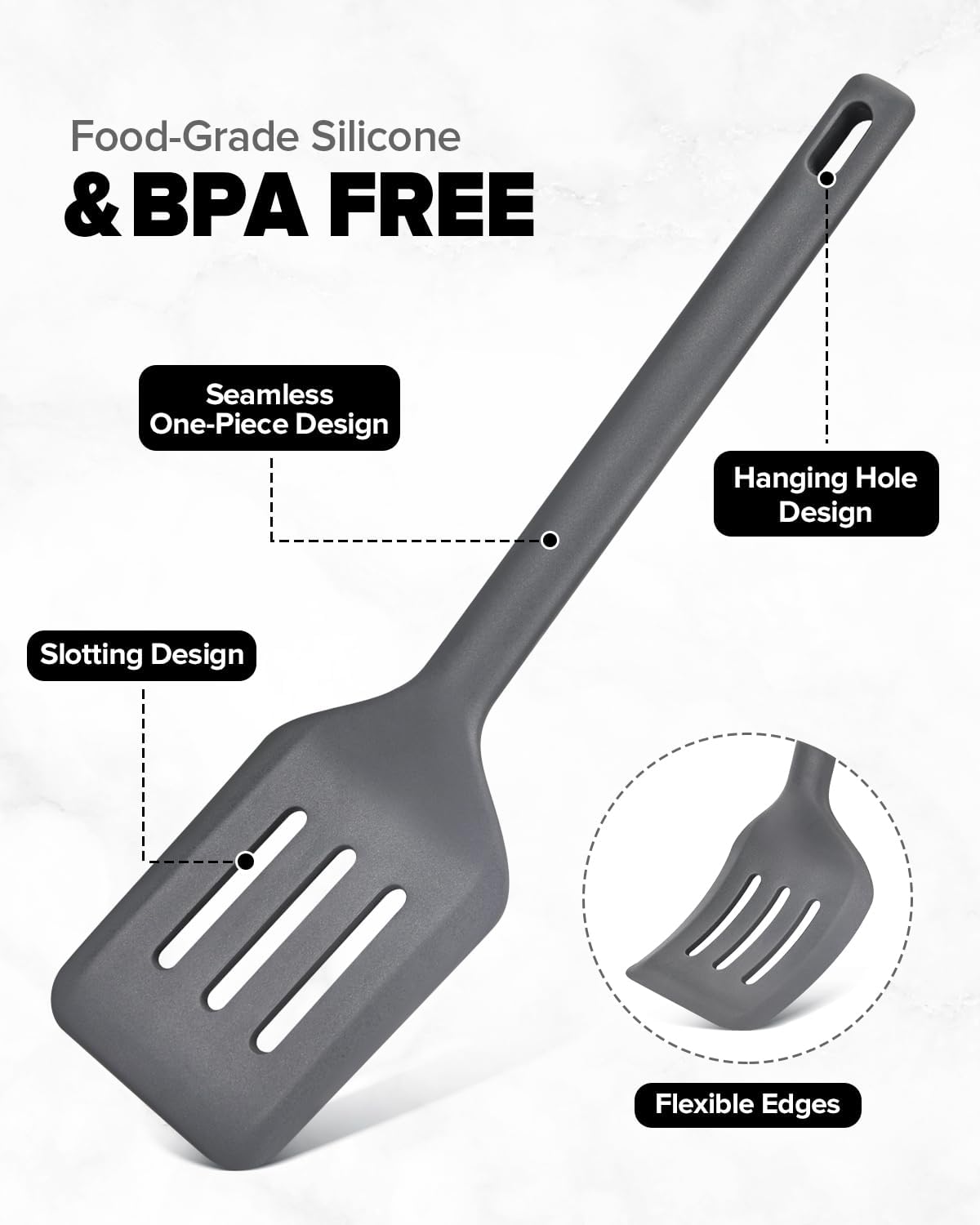 Silicone Kitchen Utensils Set, Heat Resistant Cooking Utensil with Spoon, Scraper, Spatula, Basting Brush & Tongs, BPA-free Non-stick Cookware for Frying, Basting, Serving, Grilling (6 Pack) (GREY)