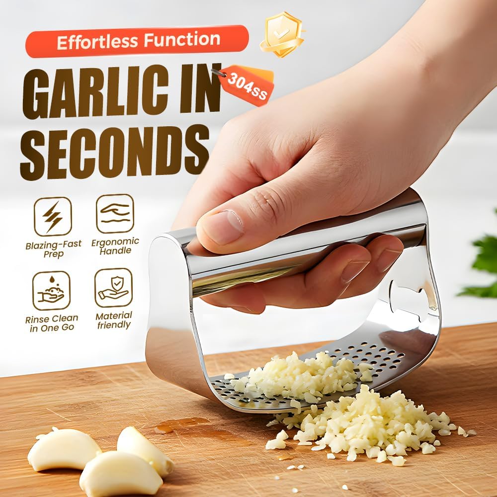 Garlic Press Rocker,Stainless Steel Garlic Presser,Crusher and Chopper,Kitchen Garlic Mincer Tool with Peeler & Cleaning Brush,For Extract Garlic Paste (1PC)