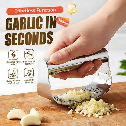 Garlic Press Rocker,Stainless Steel Garlic Presser,Crusher and Chopper,Kitchen Garlic Mincer Tool with Peeler & Cleaning Brush,For Extract Garlic Paste (1PC)