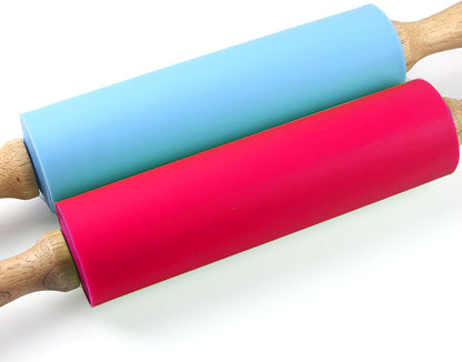 Silicone Rolling Pin, Green 9 Inch Pin with Wooden Rotatable Handle for Dough of Baking Bread, Cookie, Pizza (green, 9 inch)