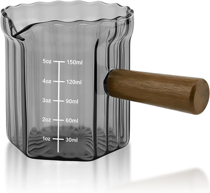 Espresso Measuring Cup 6 Oz, Espresso Glass Cups with Wood Handle, Milk Frothing Cup, Espresso Cup for Coffee, Milk, Tea or Maple Syrup Serving