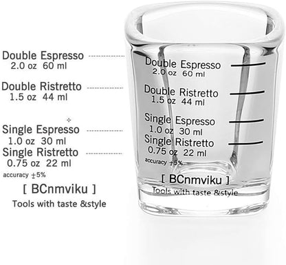 BCnmviku Espresso Shot Glasses Measuring Cup Liquid Heavy Glass for Baristas 2oz for Single Shot of Ristrettos (2 pack)
