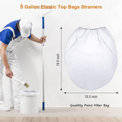 Paint Strainer Bag, 5 Gallon Paint Strainer with Elastic Top Opening White Fine Mesh Filters Bag for Paint Gardening (5 Pieces)