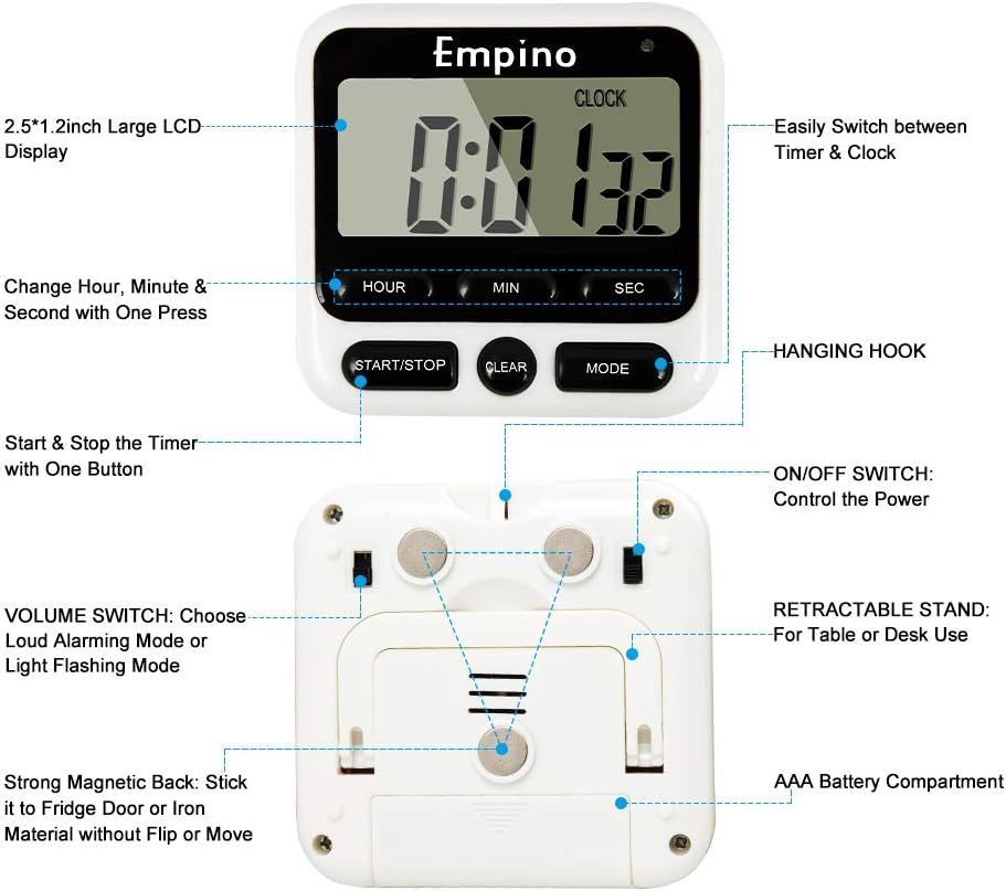 Digital Kitchen Timer, Cooking Timer, 12-Hour Display Clock, Large Display, Strong Magnet Back, Loud Alarm, Memory Function, Count-Up & Count Down for Cooking Baking Sports Game Office Exercise