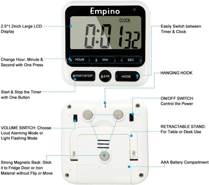 Digital Kitchen Timer, Cooking Timer, 12-Hour Display Clock, Large Display, Strong Magnet Back, Loud Alarm, Memory Function, Count-Up & Count Down for Cooking Baking Sports Game Office Exercise