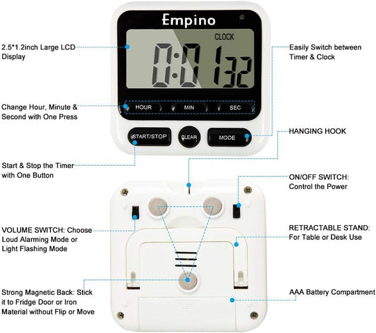 Digital Kitchen Timer, Cooking Timer, 12-Hour Display Clock, Large Display, Strong Magnet Back, Loud Alarm, Memory Function, Count-Up & Count Down for Cooking Baking Sports Game Office Exercise