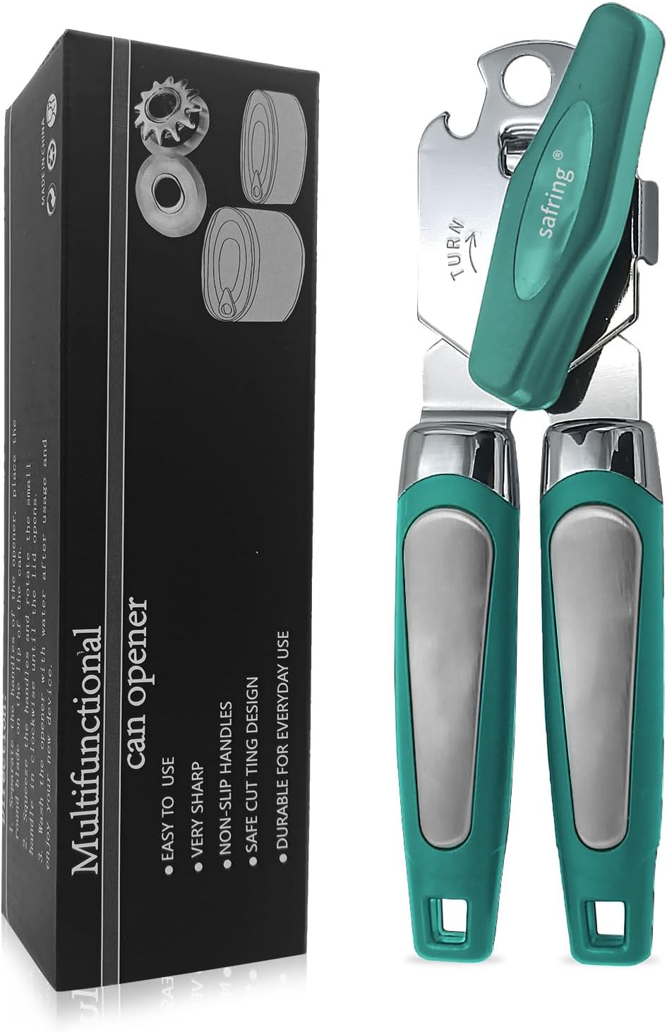 Safring Can Opener Manual, Handheld Strong Heavy Duty Stainless Steel Can Opener, Comfortable Handle, Sharp Blade Smooth Edge, Can Openers with Multifunctional Bottle Opener