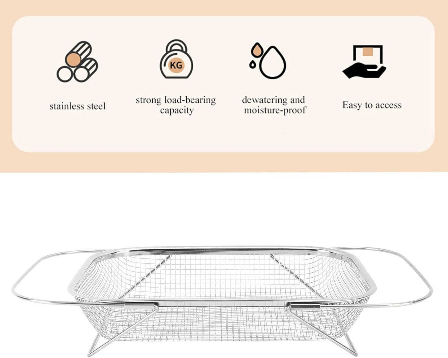 Over the Sink Colander, Expandable Baskets with Fine Mesh Strainer Handle Stainless Steel Rectangle Kitchen Colanders for Strain Drain Rinse Fruits Vegetables Pasta New Home Essentials (Gold)