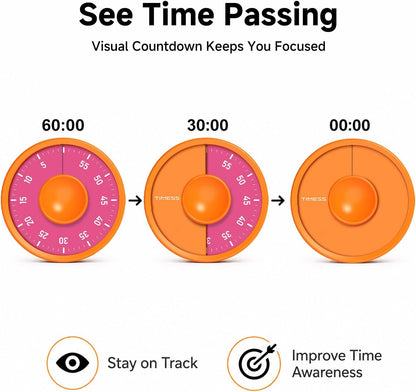 60-Minute Visual Timer, Twist to Set, Loud Battery-Powered Alarm, High-Visibility Rotary Countdown Dial for Kitchen, Work, Study & Time Management (Orange)