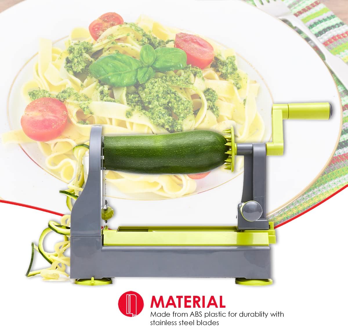 Home Basics 4 Function Tabletop Spiralizer, Green | 4 Razor Sharp Blades | Safety Guards Protect While Using | Durable | Easy to Clean | Great for Vegetables & Fruit | Healthy Way to Prepare Meals