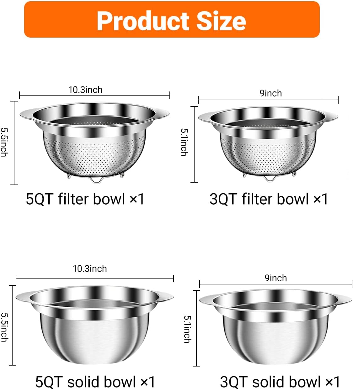 4 PCS Stainless Steel Colander and Mixing Bowl Set, 3QT & 5QT Strainer Bowls with Handle, Metal Mesh Basket for Washing Rice, Pasta, Fruit, Vegetables, Kitchen Draining Set